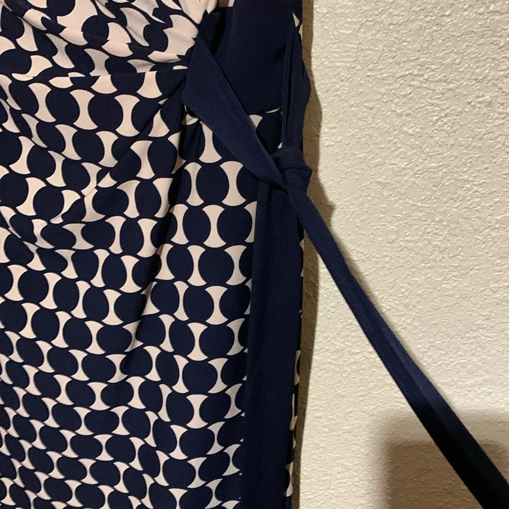 Connected Apparel Dress 8 Stretchy Tan Black Navy Pull Over Ruched Dots - Picture 7 of 16
